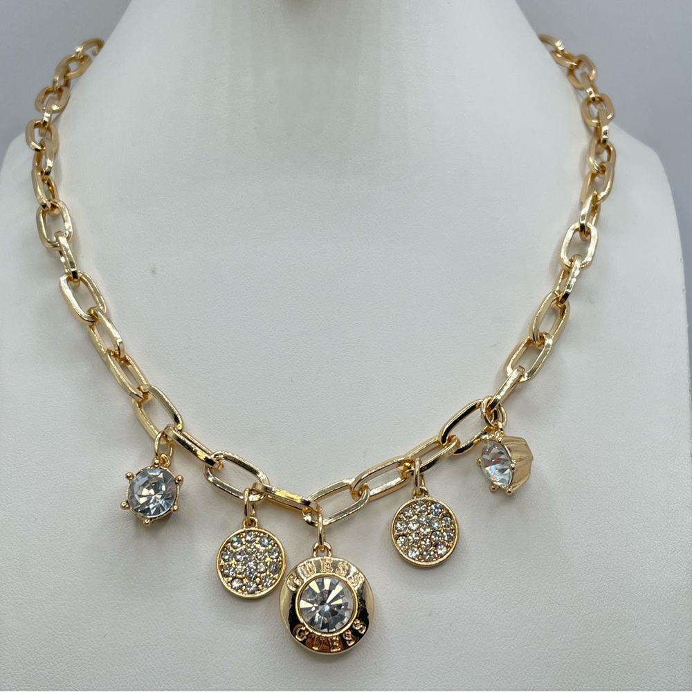 New Guess Gold Charm Necklace Paperclip Chain White Crystal Dangle Statement